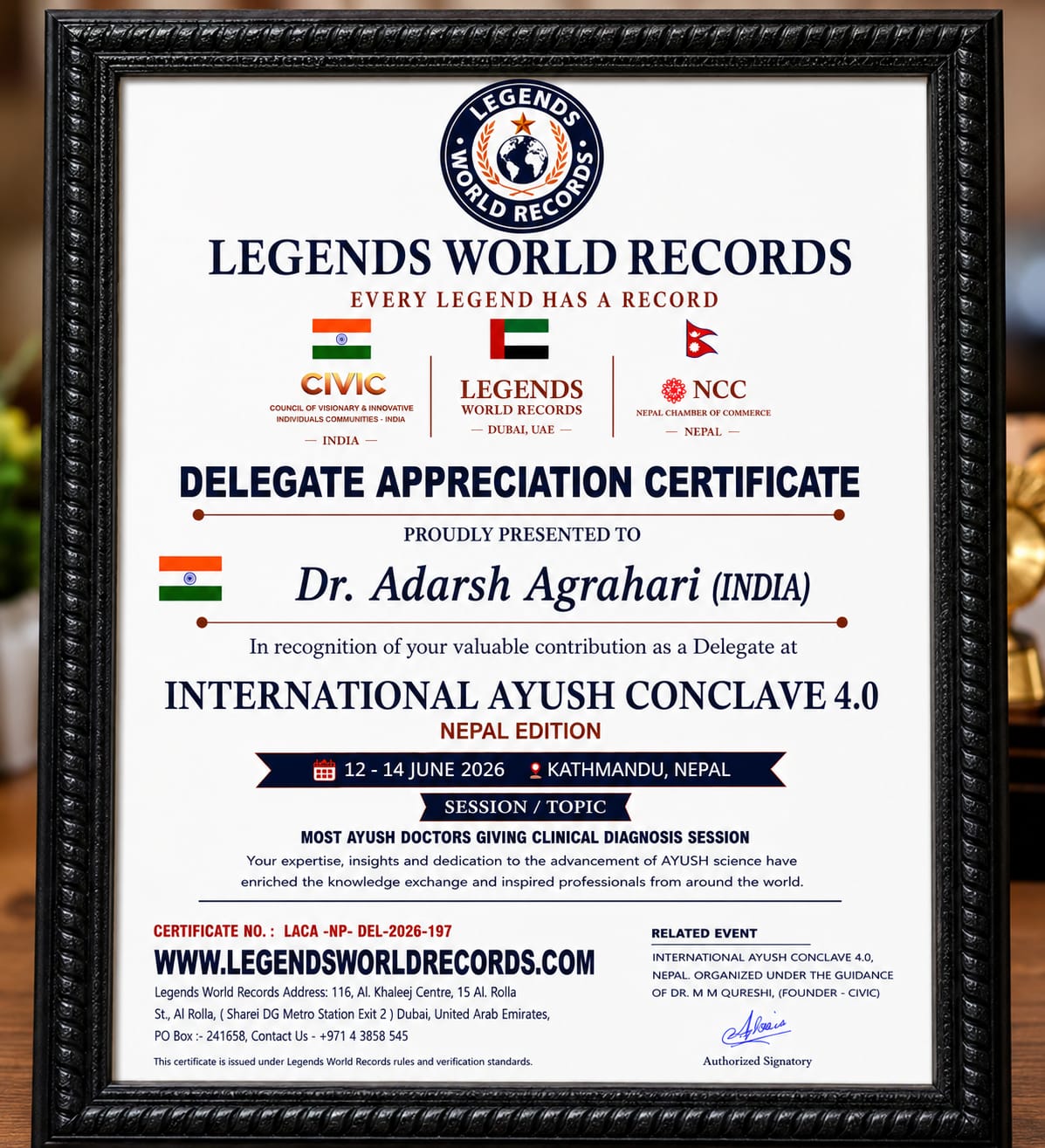 Legends World Records Conclave 4.0 Certificate